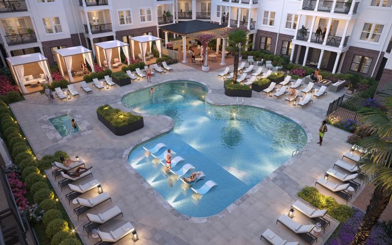 a pool in a courtyard